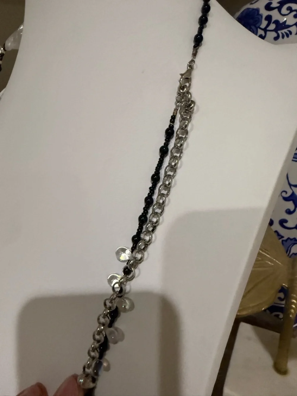 Long Black Beaded Necklace With Rock Crystal and Iridescent Beading